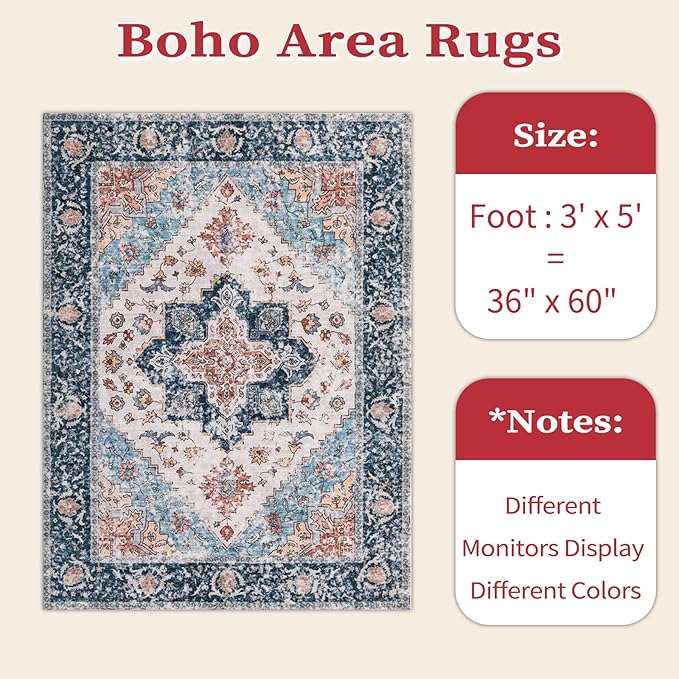 SERISSA Area Rug 3x5 Boho Rugs for Bedroom, Washable Kitchen Rugs Non-Slip, Ultra Soft Print Distressed Tribal Entry Rug Low-Pile Throw Rug Blue Orange Carpet for Bedroom Nursery Living Room Decor