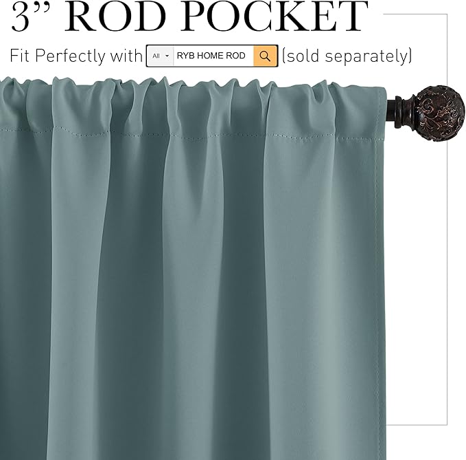 RYB HOME Blackout French Door Window Curtain Covering, Rod Pocket Thermal Insulated Privacy Non See Through Drapes for Bathroom Window, Width 29 by Length 45, Dusty Blue, 2 Panels