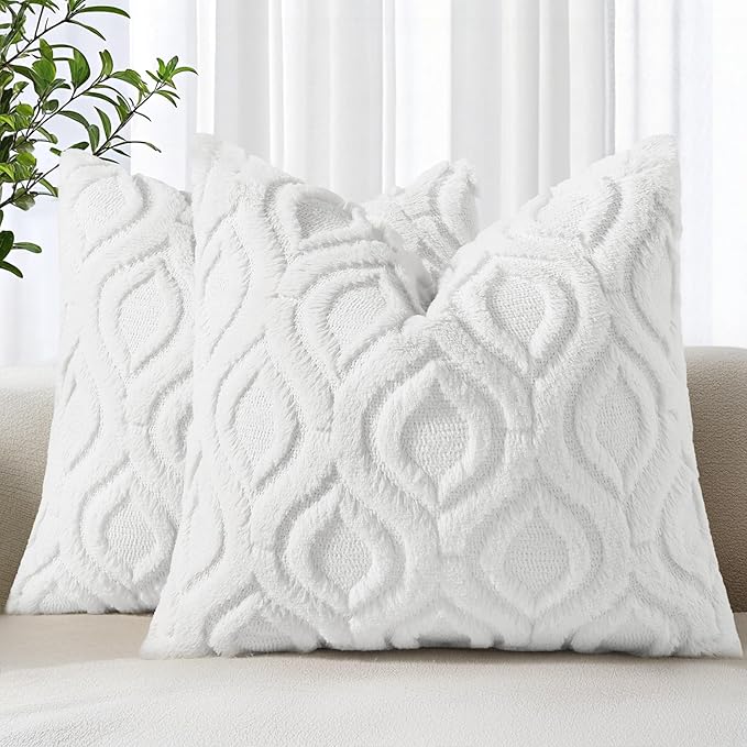 decorUhome Throw Pillow Covers 26x26 Inch Set of 2, Soft Plush Faux Wool White Solid Couch Pillow Covers, Accent Euro Sham Farmhouse Neutral Square Pillow Cases for Sofa Bed Living Room