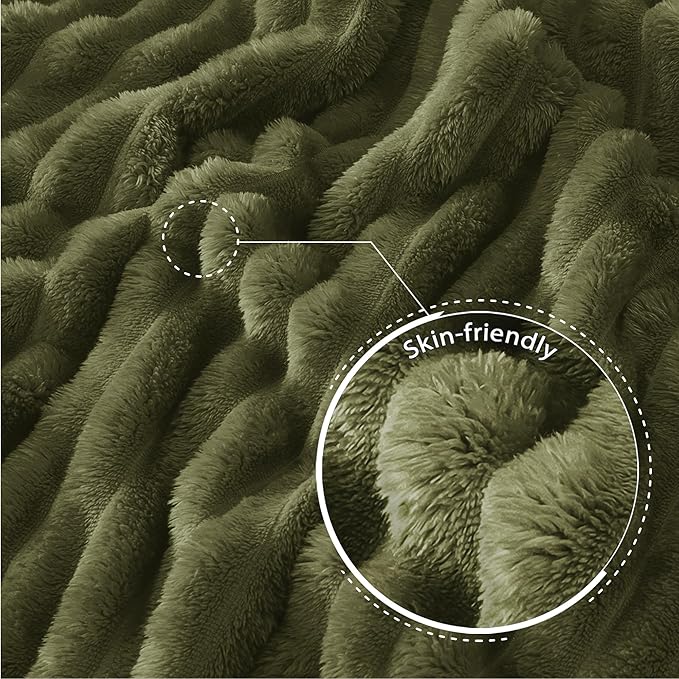 Exclusivo Mezcla Queen Size Flannel Fleece Blanket, Super Soft Striped Jacquard Bed Blanket, Lightweight Fuzzy Cozy for All Seasons, 90x90 Inches, Olive Green