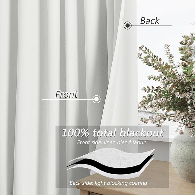 Guken Off White 100% Blackout Linen Curtains 120 Inch Length 2 Panels Set for Living Room Bedroom Back Tab/Rod Pocket Thermal Insulated Black Out Drapes Room Darkening Window Curtains 120 Inches Long