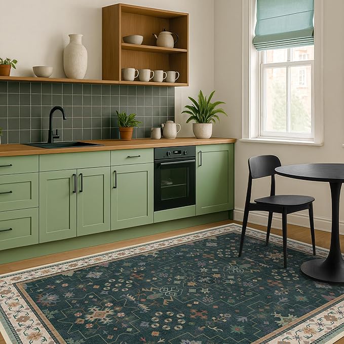 Hazo Haus Vintage Dark Green 7x9 Dining Room Rugs for Under Kitchen Table - Washable Livinig Room Rug - Unique Floral Pastel Low Pile Non-Slip Area Rugs for Bedroom