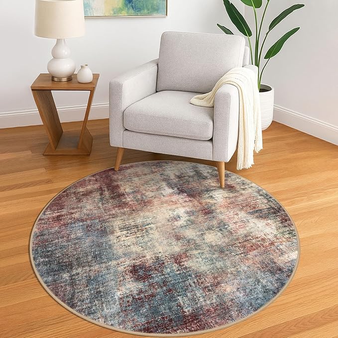 IOHOUZE Round Area Rug 5 Ft Circle Entryway Rugs Round Washable Door Mat Indoor Entrance, Non Slip Circle Front Door Rug, Printed Abstract Faux Wool Floor Carpet for Foyer Porch Sink, Red/Multi