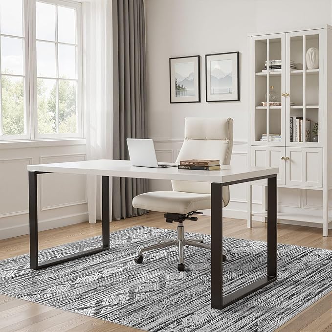 Nakagishi Area Rug Living Room Rugs: 7X9 Machine Washable Boho Large Neutral Farmhouse Stain Resistant Moroccan Indoor Floor Carpet for Bedroom Nursery Dorm Dining Room Home-White Black