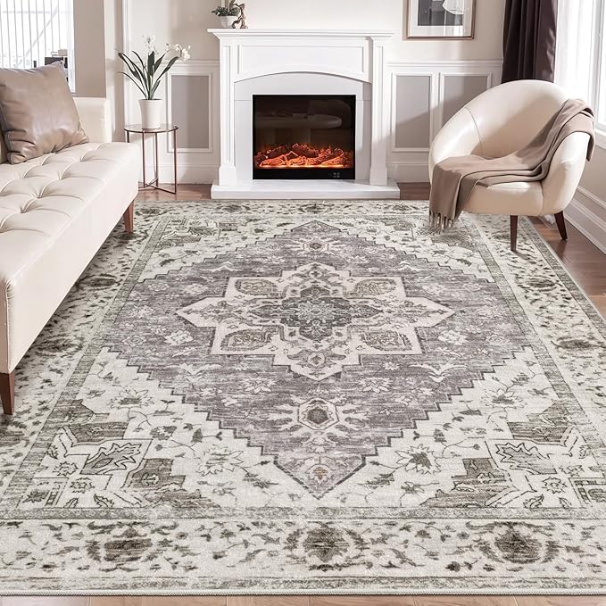 SERISSA Boho 8x10 Area Rugs, Washable Vintage Large Living Room Rug Non-Slip, Ultra Soft Oriental Print Distressed Farmhouse Earth Tone Carpet for Dining Room Bedroom Dorm Office Home Decor