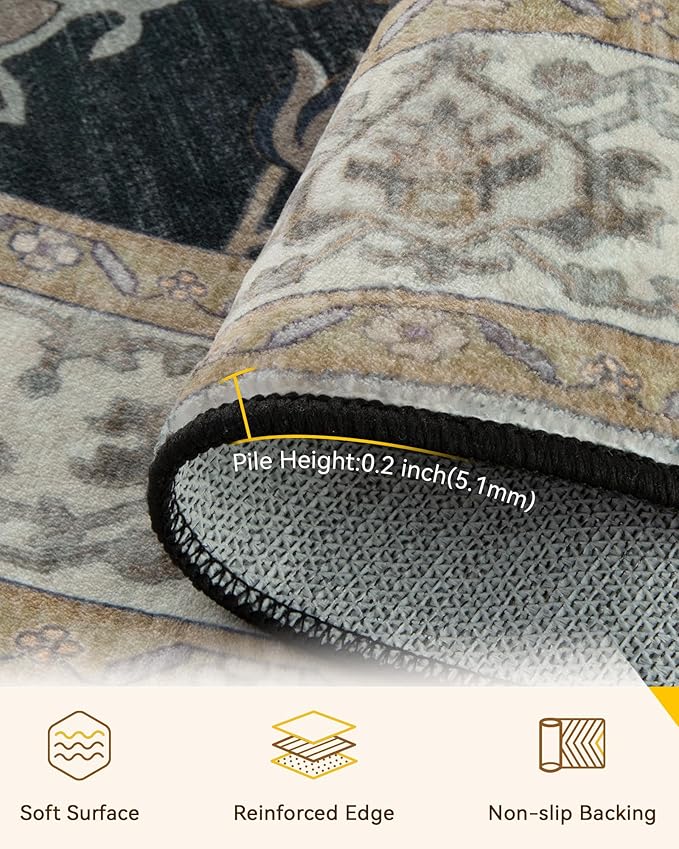 Area Rugs Round 8ft Washable Non-Slip, Floral Vintage Distress Print Pattern Medallion Carpet for Living Room Bedroom Dining Room, Vintage Black Brown Neutral