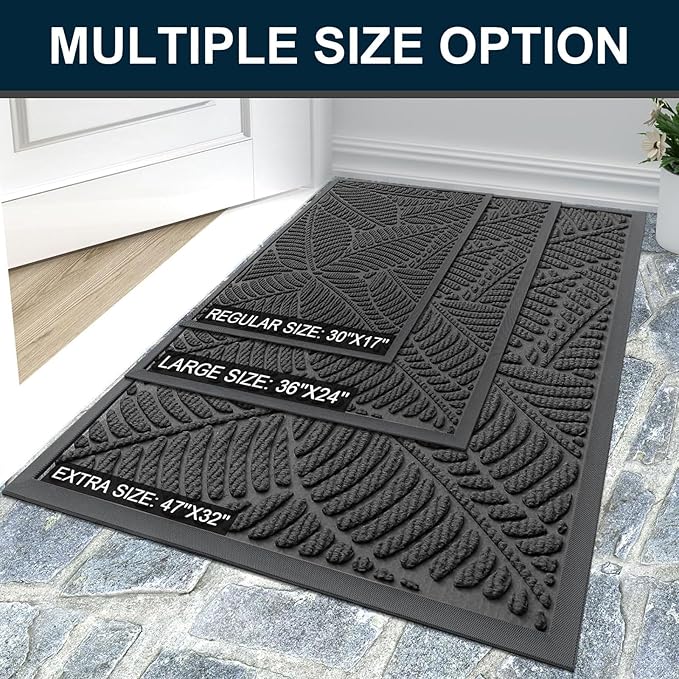 Colorxy Waterproof Doormat, Sturdy Natural Rubber Front Indoor Mat, Non Slip Low Profile Outdoor Door Mats, Stain and Fade Resistant Floor Mats, Easy Clean Patio Entry Mat, 48''x32'', Light Grey