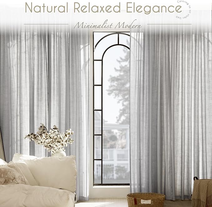 Linen Blend Grey Curtains for Living Room Back Tab Modern Farmhouse Semi Sheer Light Gray Curtains 96 inches Long 2 Panels Set Muted Neutral Cotton Texture Window Curtain for Dining Room Bedroom