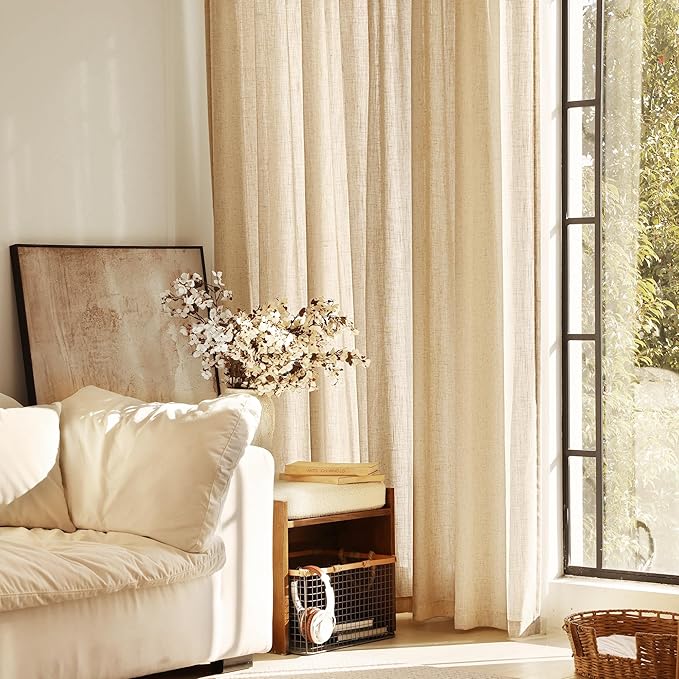 Tan Linen Curtains 96 inches Long for Living Room Back Tab Rustic Farmhouse Semi Sheer Light Filtering Window Curtain Dining Room Soft Thick Flax Linen Textured Drapes Kahki 52x96