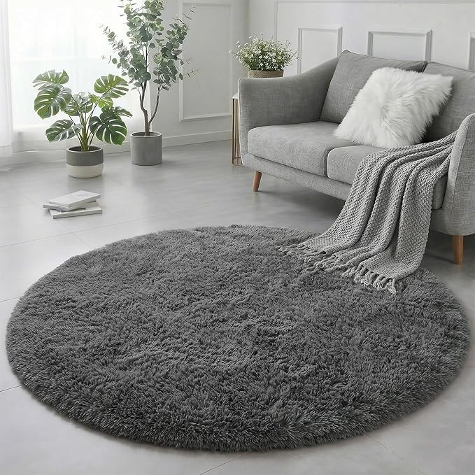 Amdrebio Grey Round Area Rugs 7Ft for Living Room, Large Shag Fluffy Circle Rug for Bedroom, Big Soft Thick Plush Carpet for Kids Room, Modern Furry Fuzzy Circular Gray Rug for Classroom Apartment