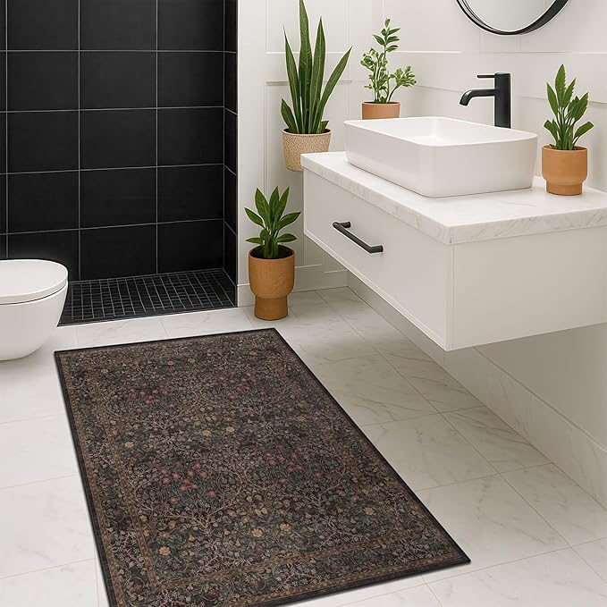 Vintage Dark Brown 3x4 Entryway Rug, Washable Small Area Rugs for Entry Way, Kitchen, Bathroom, Door Mat Indoor Entrance, Mudroom, Oriental Floral Low Pile Stain Resistant Non-Slip Throw Rug