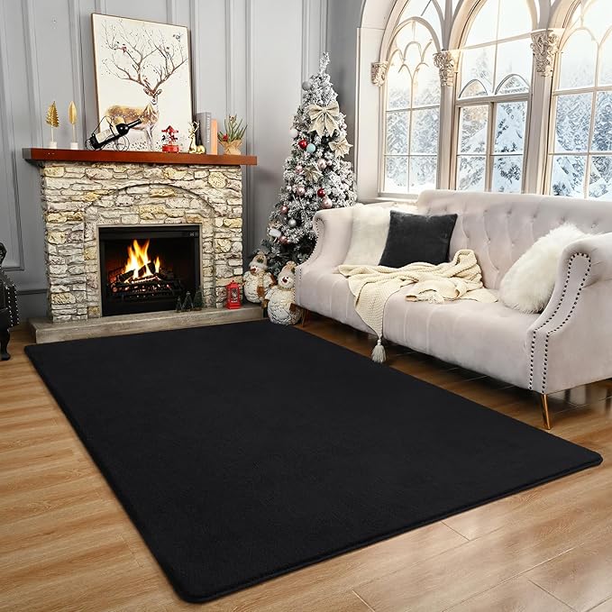 Amearea Large Modern Area Rugs for Bedroom Living Room, 6x9 Feet Black Thickened Memory Foam Rug, Fluffy Indoor Washable Rugs Non Slip Minimalist Carpet for Boys Girls Dorm Nursery Room Decor