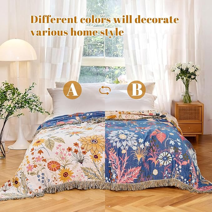 MSGKV Boho Throw Blanket for Couch Chair 100% Cotton Floral Blanket 50"x60" Sofa Blankets Lightweight Farmhouse Muslin Spring Breathable Bed Blankets Home Decor All Seasons
