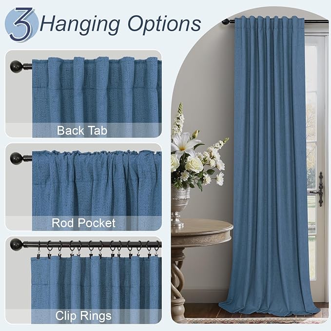 Denim Blue Blackout Drapes 96 Inches Long 2 Panel Burg Cute Linen Textured Modern Farmhouse Living Room Darkening Curtain for Bedroom Viral Sound Deadening Insulated Thermal Back Tab Pleated 96 Length