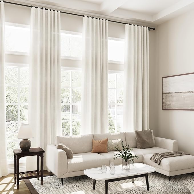 Cream Linen Curtains 110 Inches Long 2 Panels Set for Living Room Extra Long Back Tab Curtains Neutral Farmhouse Light Filtering Semi Sheer Linen Drapes Ceiling to Floor for Large Window 52x110