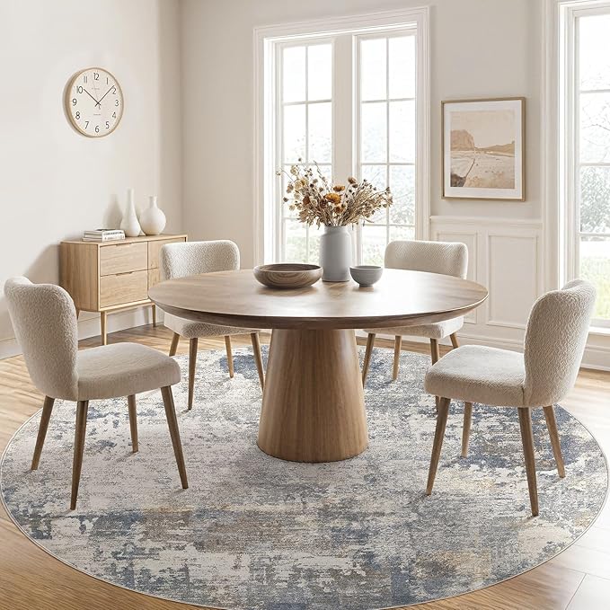 10ft Round Area Rug Living Room Rugs - 10x10 Washable Large Neutral Modern Abstract Soft Thin Rug Indoor Floor No Slip Rug Carpet for Bedroom Under Dining Table Home Office Decor - Blue Grey