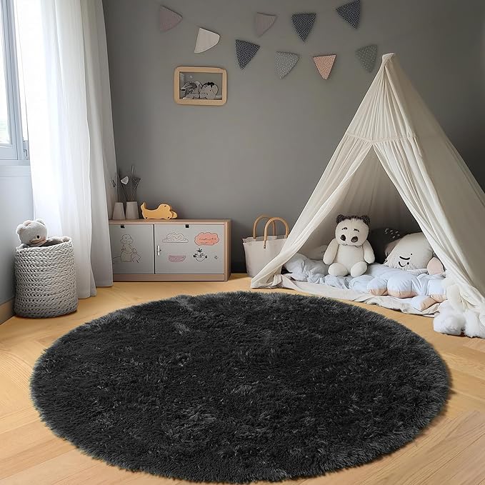 ONASAR Black Round Area Rug 4ft, Soft Bedroom Circle Rugs Floor Mats for Kids Girls Boys Teen Room, Fluffy Plush Shaggy Carpet for Baby Nursery Living Room Playroom Dorm Home Decor