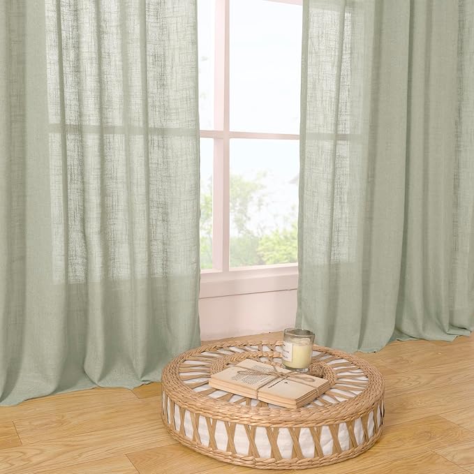 LAMIT 45 Inch Length Linen Curtains for Small Window, Semi Sheer Light Filtering Panels Back Tab and Rod Pocket Neutral Drapes for Bedroom, Sage Grey, 2 Panels, 34 x 45 Inch