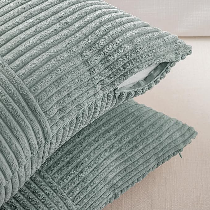 Fancy Homi 2 Packs Grey Blue Lumbar Decorative Throw Pillow Covers 16x32 Inch for Living Room Couch Bed, Rustic Farmhouse Boho Home Decor, Soft Striped Corduroy Rectangle Accent Cushion Case 40x80 cm