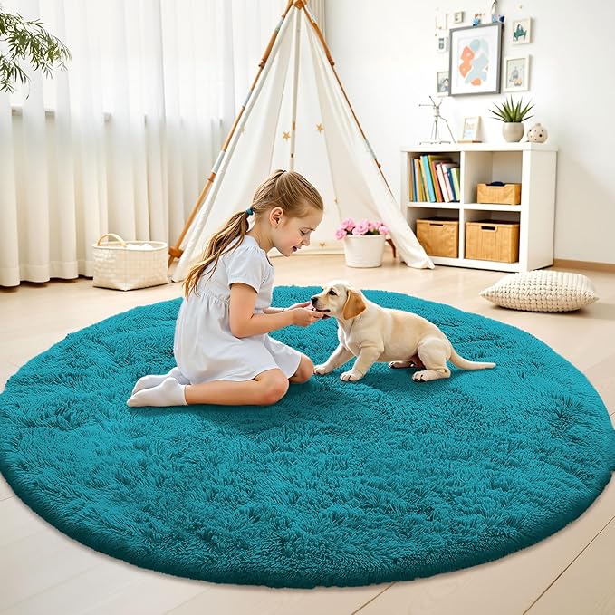 OLANLY Teal Round Rugs for Bedroom - Machine Washable, 6 ft Circle Area Rugs for Living Room, Soft and Fluffy Shaggy Carpet for Teen Girl and Boys, Nursery Rooms, Dorms, Home Decor Aesthetic