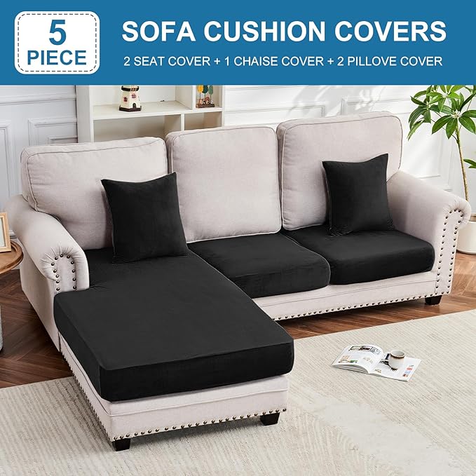 Couch Cover 3-Piece Elastic Velvet Couch Cushion Covers & Chaise Slipcovers for L-Shaped Sofas, Sofa Seat Covers Washable, Soft Cover for Couches (2 Seater + Chaise, Black)