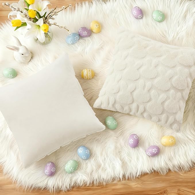 decorUhome Easter Bunny Pillow Covers 18x18 Inch Set of 2, Soft Plush Faux Wool Jacquard Cream White Rabbit Cushion Covers, Farmhouse Neutral Spring Easter Holiday Decor for Couch Sofa Bed