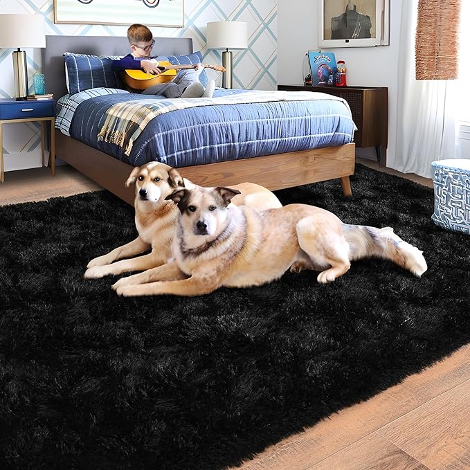 Rugs for Living Room 6x9, Soft Shaggy Modern Shag Black Area Rug for Bedroom, Upgrade Non-Slip Plush Fluffy Carpet for Kids Boys Girls Room Dorm Home Decor Aesthetic