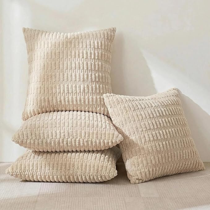 Fancy Homi 4 Packs Tan Decorative Throw Pillow Covers 24x24 Inch for Living Room Couch Bed Sofa, Beige Rustic Farmhouse Boho Home Decor, Soft Plush Striped Corduroy Square Cushion Case 60x60 cm