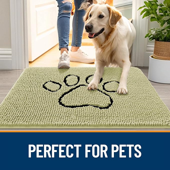 OLANLY Dog Door Mat for Muddy Paws 30x20, Paw Print Design, Absorbs Moisture and Dirt, Absorbent Non-Slip Washable Doormat, Quick Dry Chenille Mud Mat for Dogs, Entry Indoor Entryway Carpet, Vanilla