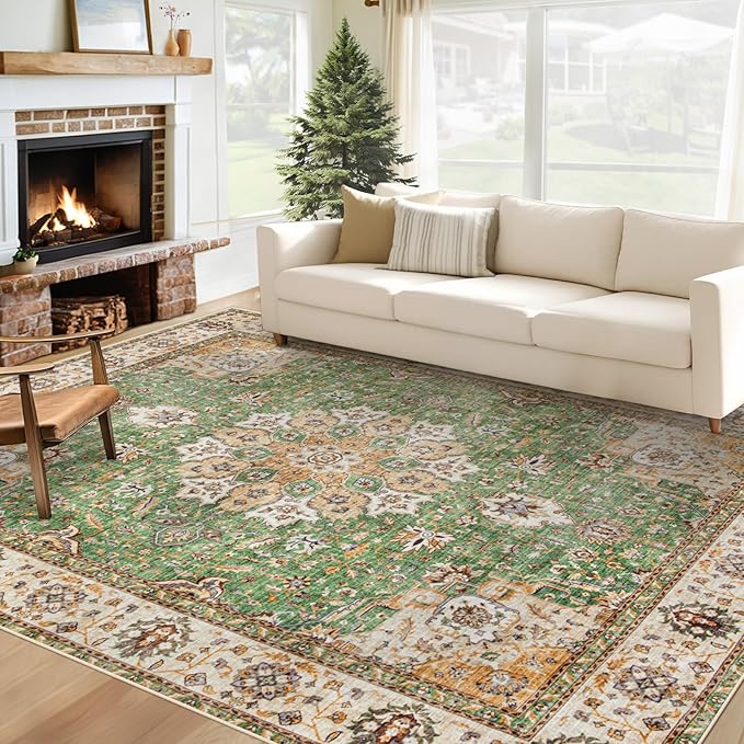 Area Rug 6x9 Washable Rug, Vintage Boho Medallion Rugs Non-Slip Soft Low Pile Large Distressed Rug Indoor Retro Carpet for Living Room Bedroom Dining Room Home Office (Vintage Green, 6'x9')
