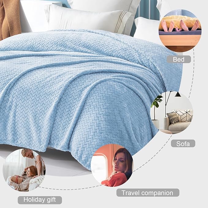Exclusivo Mezcla Fleece Twin Size Blanket for Bed, 60x80 Inches Soft Cozy Jacquard Flannel Blankets, Lightweight Fuzzy Plush Warm for Women, Light Blue