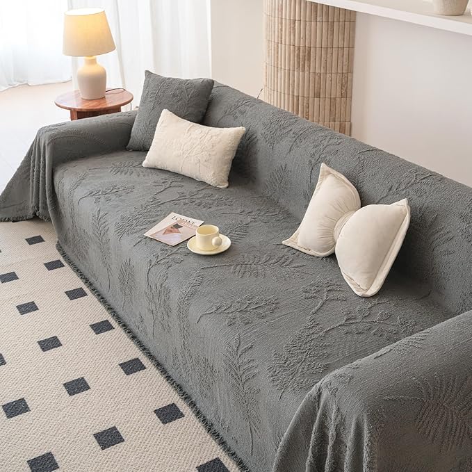 HANDONTIME Washable Couch Covers for Sofa Boho Couch Covers for 3 Cushion Sofa Pet Friendly Grey Chenille Jacquard Couch Protector for Dogs Plant Branch Sectional Cover Sofa Slipcovers, 71" X 150"