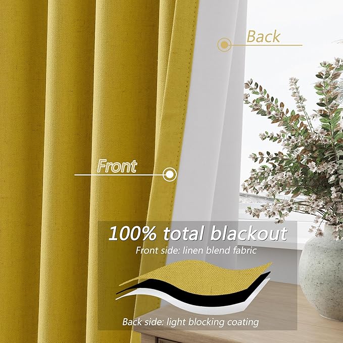 Guken 100% Blackout Curtains 90 Inch Length 2 Panels Set for Living Room Bedroom Back Tab Thermal Insulated Black Out Linen Drapes Room Darkening Celery Yellow,52x90
