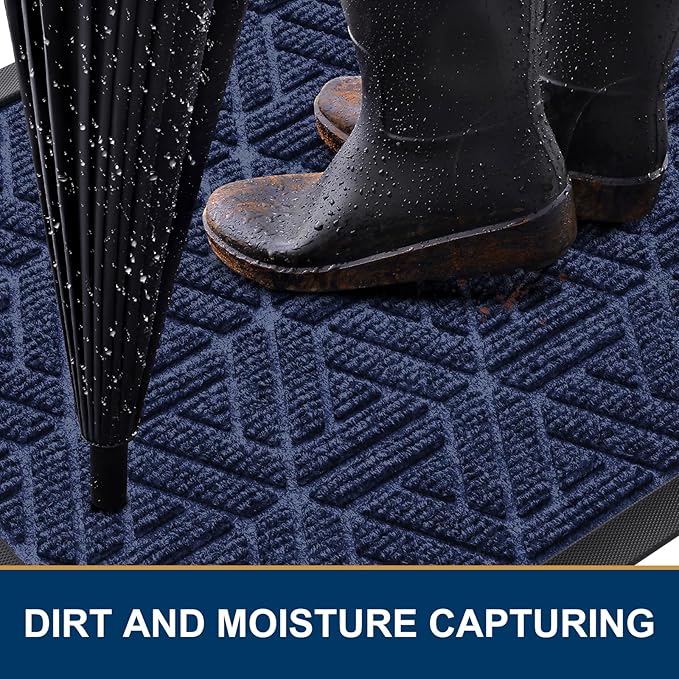 Smiry Front Door Mat Outside Entrance, Heavy Duty Sturdy Natural Rubber Doormat, Trap Dirt and Moisture, Easy Clean Low Profile Mats for Indoor Outdoor Entry, Grid Geometric (47x32, Navy Blue)