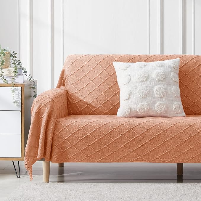 BOURINA Orange Throw Blanket 50 x90 Inches Throw Textured Solid Soft Sofa Throw Bed Runner Couch Cover Knitted Decorative Blanket Bed Runner