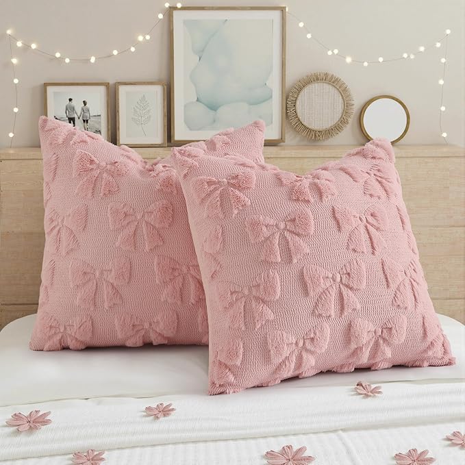 decorUhome Pink Bow Pillow Covers Set of 2 Coquette Aesthetic Cute Preppy Plush Faux Pillowcases for Girly Bedroom or Couch 18x18 Inch
