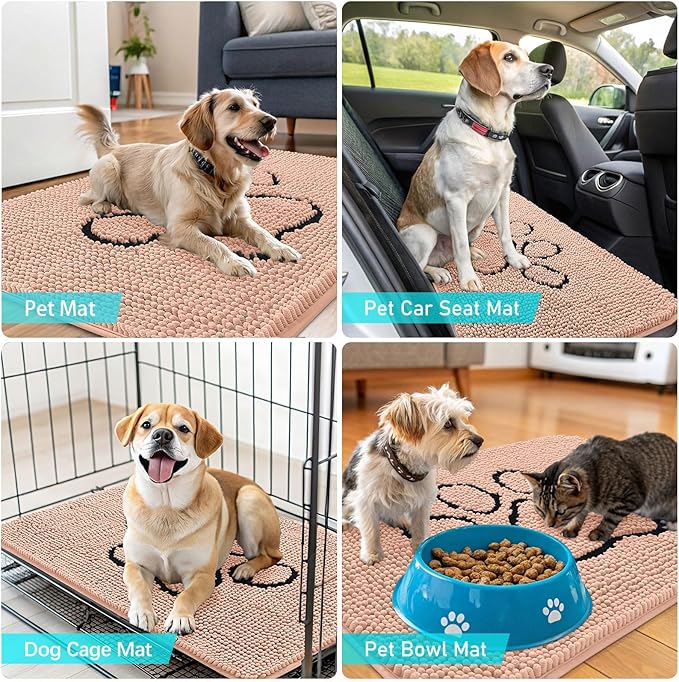 OLANLY Dog Door Mat for Muddy Paws 36x24, Paw Print Design, Absorbs Moisture and Dirt, Absorbent Non-Slip Washable Doormat, Quick Dry Chenille Mud Mat for Dogs, Entry Indoor Entryway Carpet, Peach