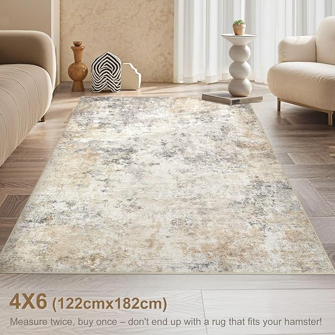 UERMEI 4x6 Area Rug Living Room Rugs - Washable Neutral Modern Abstract Soft Thin Rug Indoor Floor No Slip Rug Carpet for Bedroom Under Dining Table Home Office Decor - Golden Grey