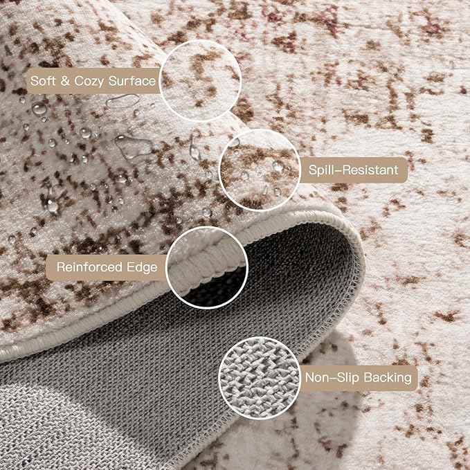 Lofus 8x10 Area Rugs for Living Room, Washable Area Rug, Rugs for Bedroom, Kitchen, Vintage Boho Carpet, Soft Non-Slip, Low Pile Large Area Rug for Office Dining Room, Vintage Beige Brown