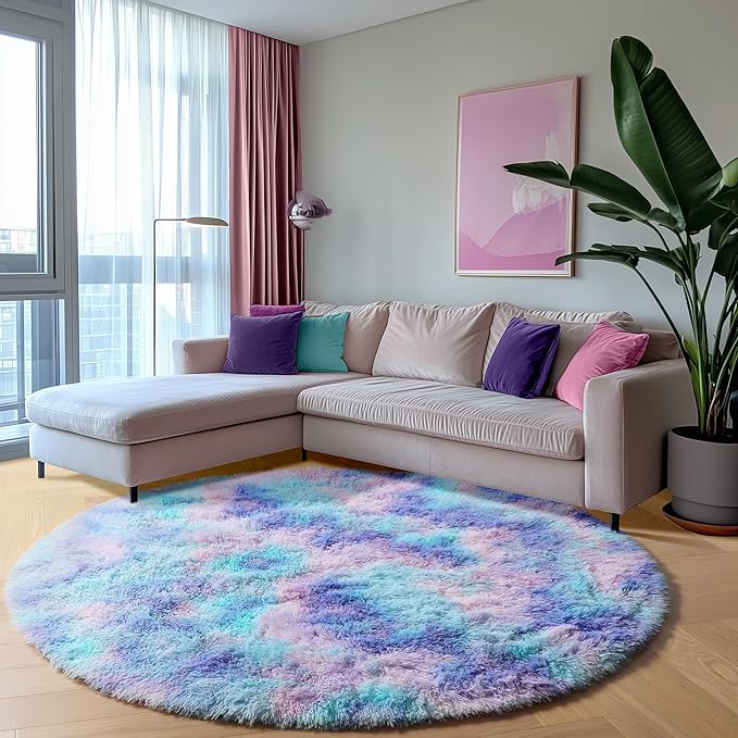 ONASAR Rainbow Round Area Rugs 5ft, Soft Bedroom Circle Rug Mats for Kids Girls Teen Room, Mermaid Fluffy Plush Shaggy Carpet for Baby Nursery Living Room Playroom Home Decor Princess Castle