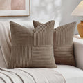 Fancy Homi Set of 2, Light Brown Patchwork Corduroy Decorative Soft Striped Modern Accent Cushion Case Farmhouse Boho Neutral Throw Pillow Covers for Chair Couch Bed Sofa Living Room 22x22 Inch