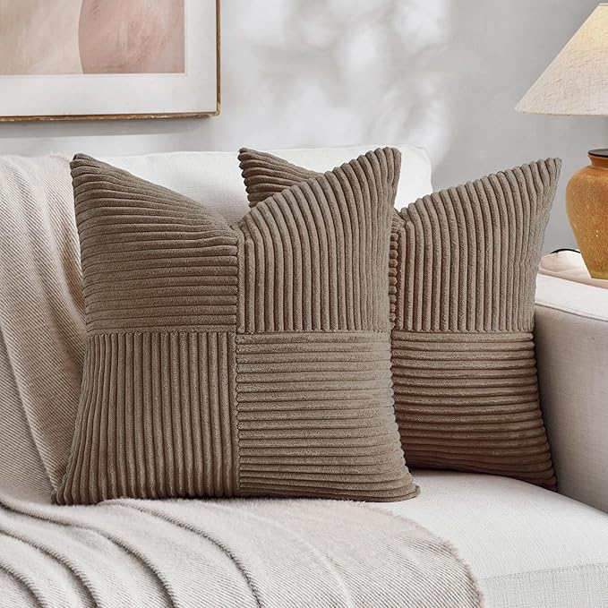 Fancy Homi Set of 2, Light Brown Patchwork Corduroy Decorative Soft Striped Modern Accent Cushion Case Farmhouse Boho Neutral Throw Pillow Covers for Chair Couch Bed Sofa Living Room 12x12 Inch