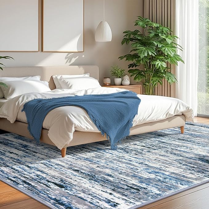 Lansny Modern Abstract 8x10 Large Machine Washable Living Room Rug Non-Slip Soft Bedroom Area Rug Grey Blue White Thin Print Faux Wool Carpet Throw Rugs for Nursery Playroom Dining Room Indoor