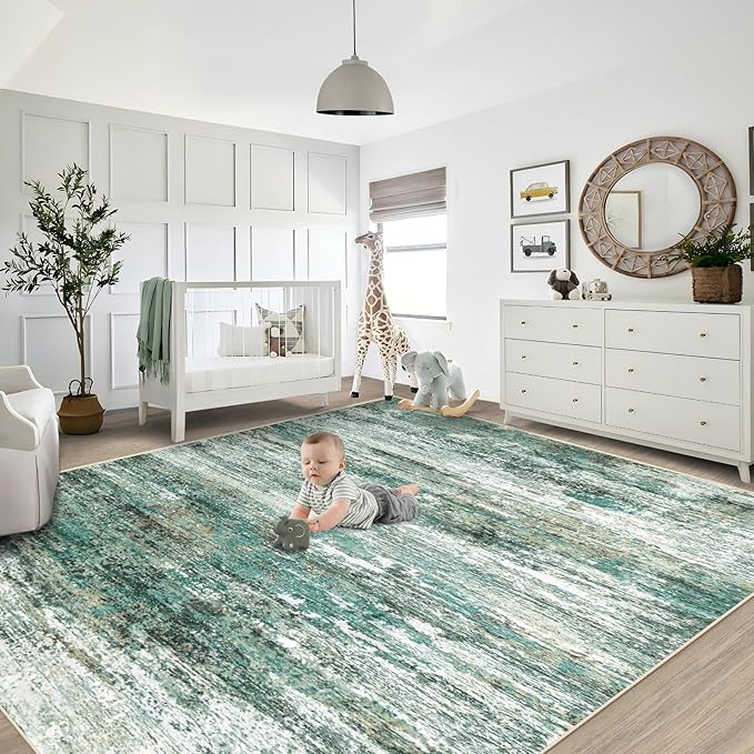 8x10 Area Rugs for Living Room, Washable Modern Abstract Large Area Rug Neutral Soft Non Slip Kids Rug Stain Resistant Indoor Carpet for Bedroom Nursery Dining Room Playroom(Green, 8'x10')