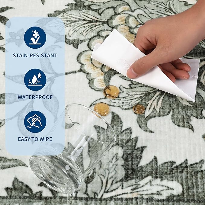 GarveeHome Provence 5x7 Area Rugs, Botanical Grove Soft Cottagecore Non-Slip Washable Rug for Bedroom Living Room Nursery Kitchen Low-Pile Retro Carpet Gray Fog Green