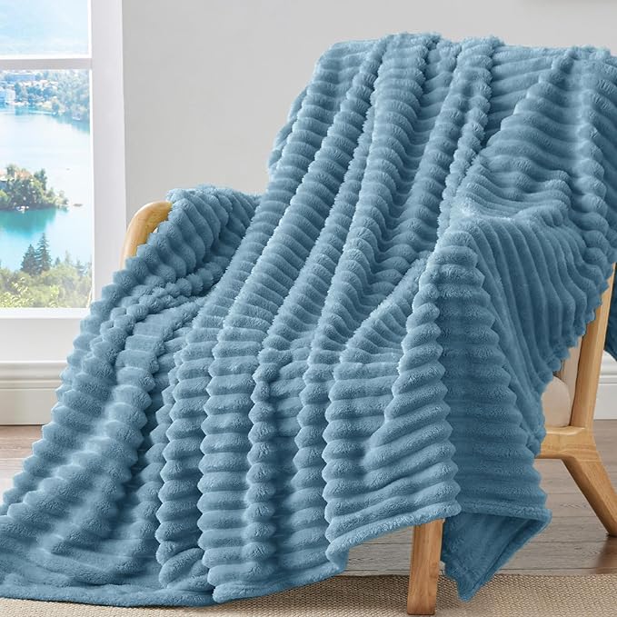 BEDELITE Twin Blanket for Couch & Bed, 300GSM Soft & Warm Fleece Blanket, Decorative and Giftable Striped Light Blue Blankets for Women, Men, 60"x80"