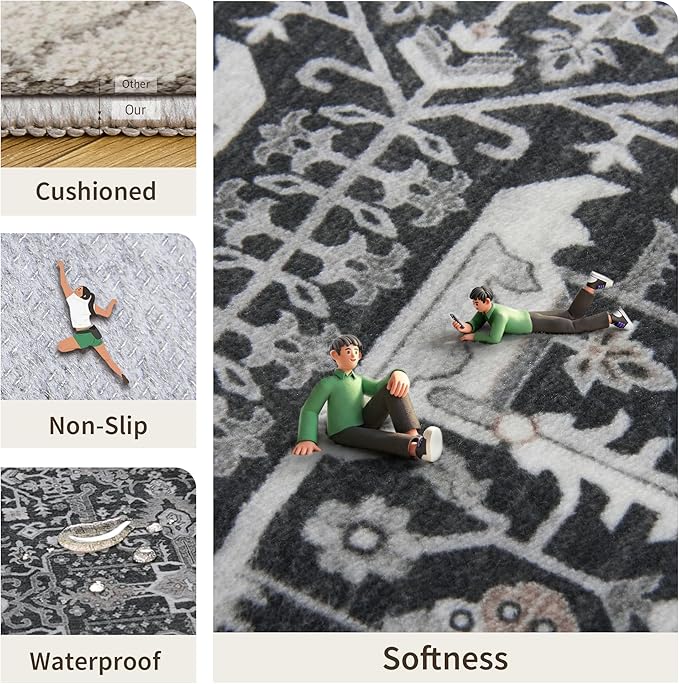 Hallway Washable Runner Rug 2x10 - Non Slip Vintage Kitchen Runner Rugs for Entryway Low-Pile Waterproof Long Runners for Living Room Bedroom Medallion Indoor Floor Mat for Bathroom Laundry Black