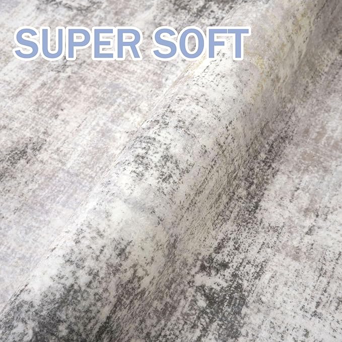 IOHOUZE Abstract Area Rugs 8x10 Ft Washable Large Rugs for Living Room, Non Slip Dining Room Rug, Printed Faux Wool Rugs for Bedroom, Floor Carpet for Office Nursery Playroom, Grey Beige