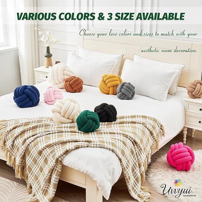 Uvvyui Knot Pillow Ball, Soft Home Decorative Pillows, Round Throw Pillow, Handmade Knotted Plush Pillow, Round Boucle Pillow Cushion (8.6 Inches Dark Green)
