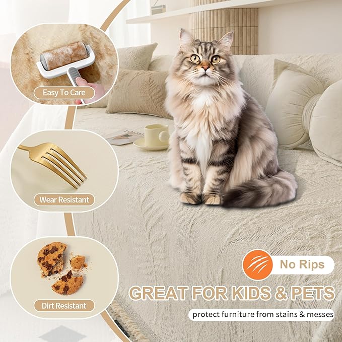 HANDONTIME Washable Couch Covers for Sofa Boho Couch Covers for 3 Cushion Sofa Pet Friendly Beige Chenille Jacquard Couch Protector for Dogs Plant Branch Sectional Cover Sofa Slipcovers, 71" X 118"
